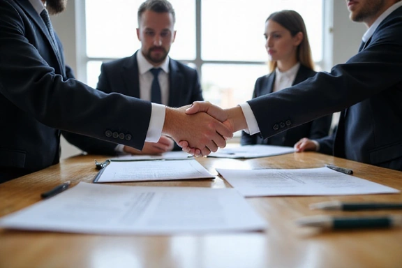 Business partners signing contract with legal team