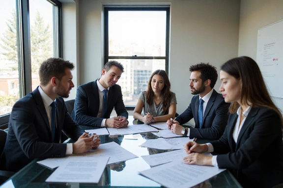 Lawyers working with startup founders in modern office