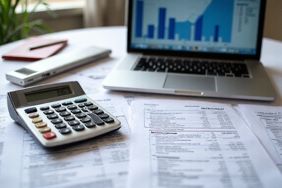 Tax documents and calculator on a desk